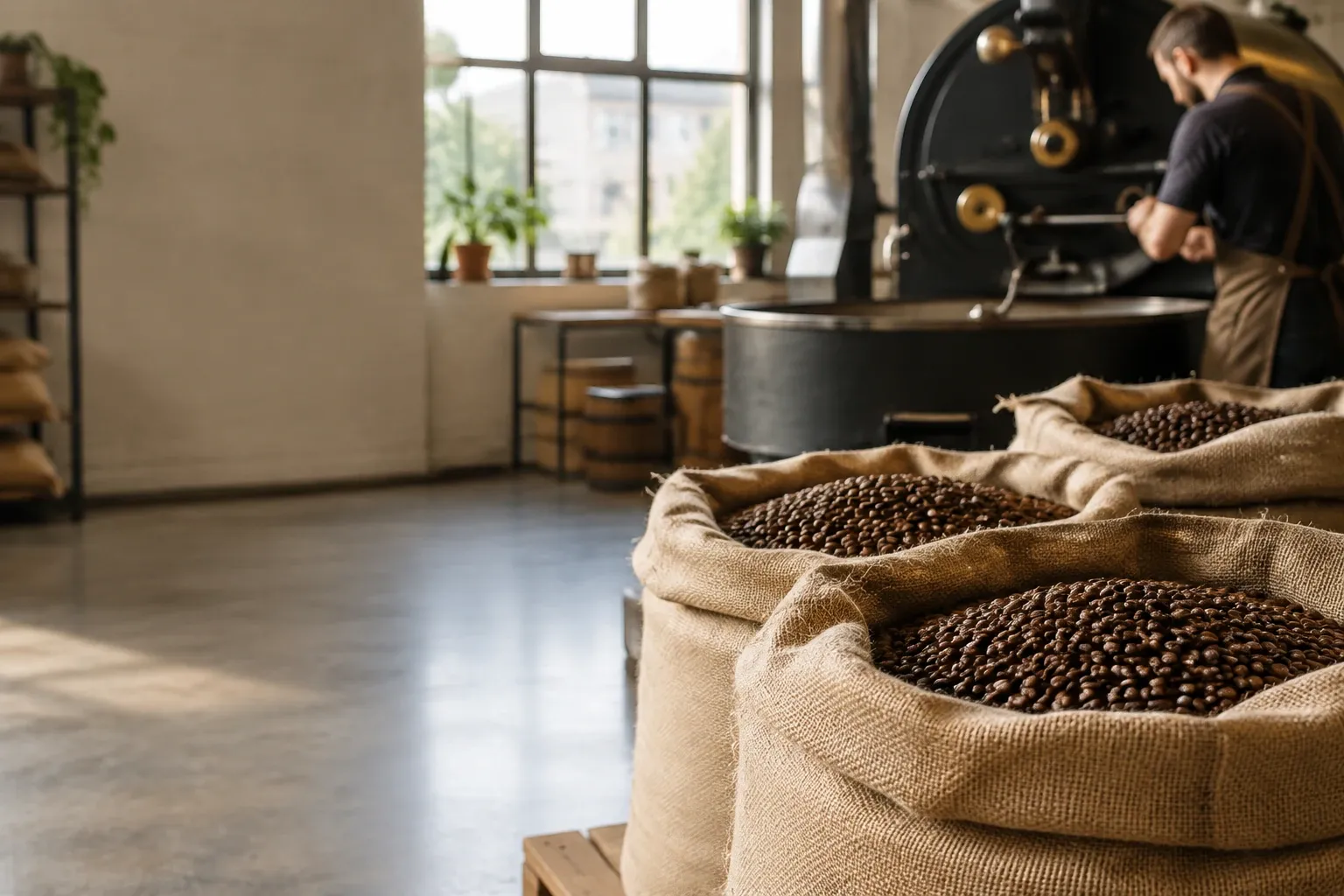 Jutezakken vol gebrande koffiebonen in een koffiebranderij