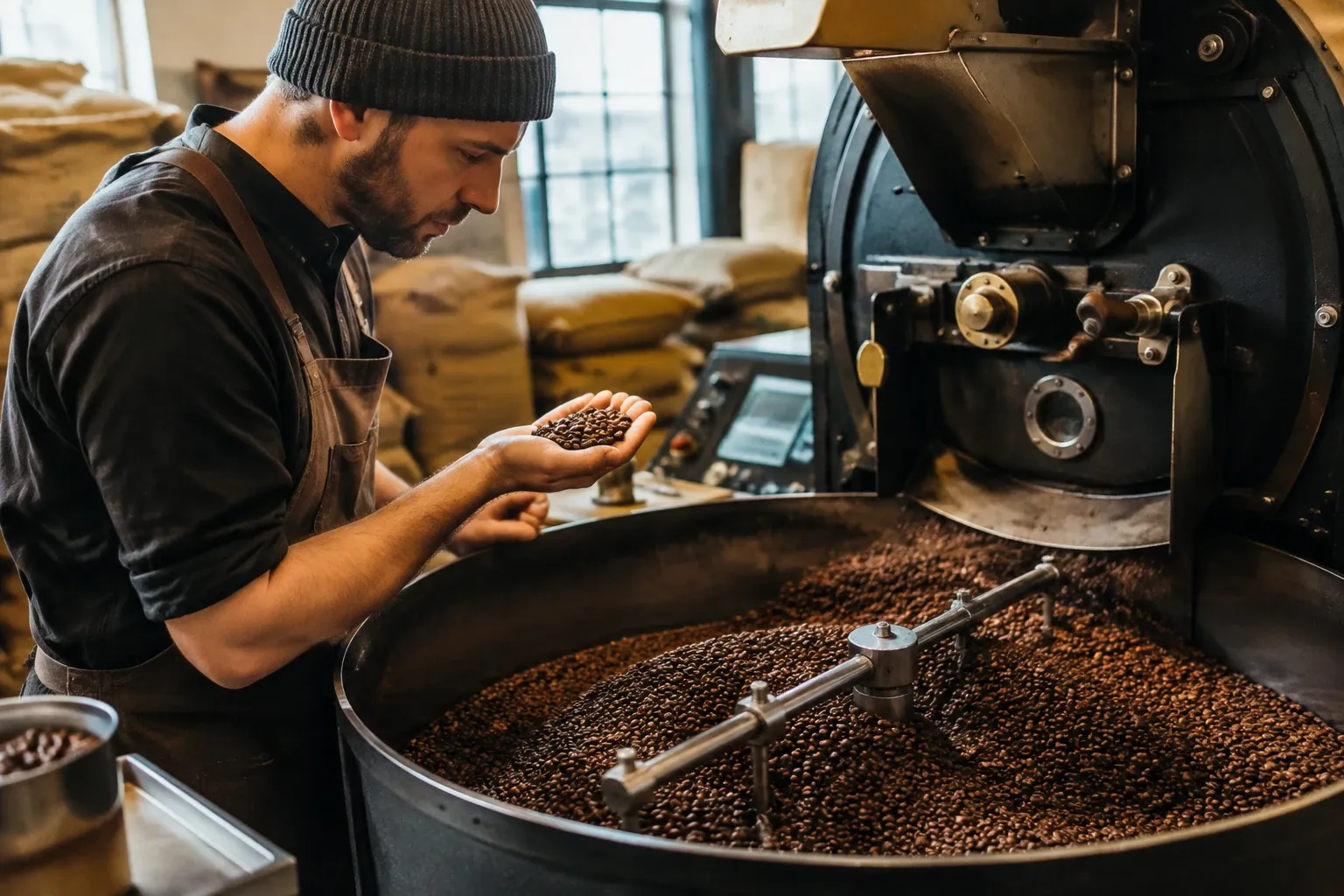 Man bekijkt geroosterde koffiebonen uit grote trommel van koffiebranderij