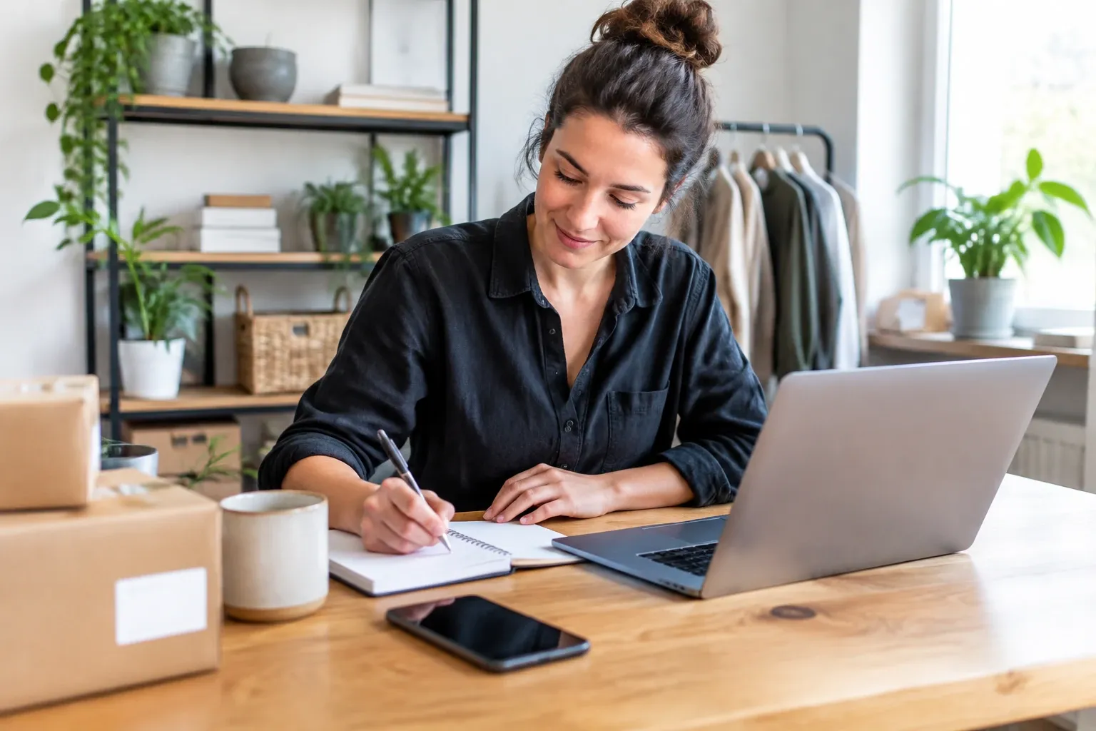 Vrouw aan houten tafel schrijft in notitieboekje naast laptop en verzenddozen