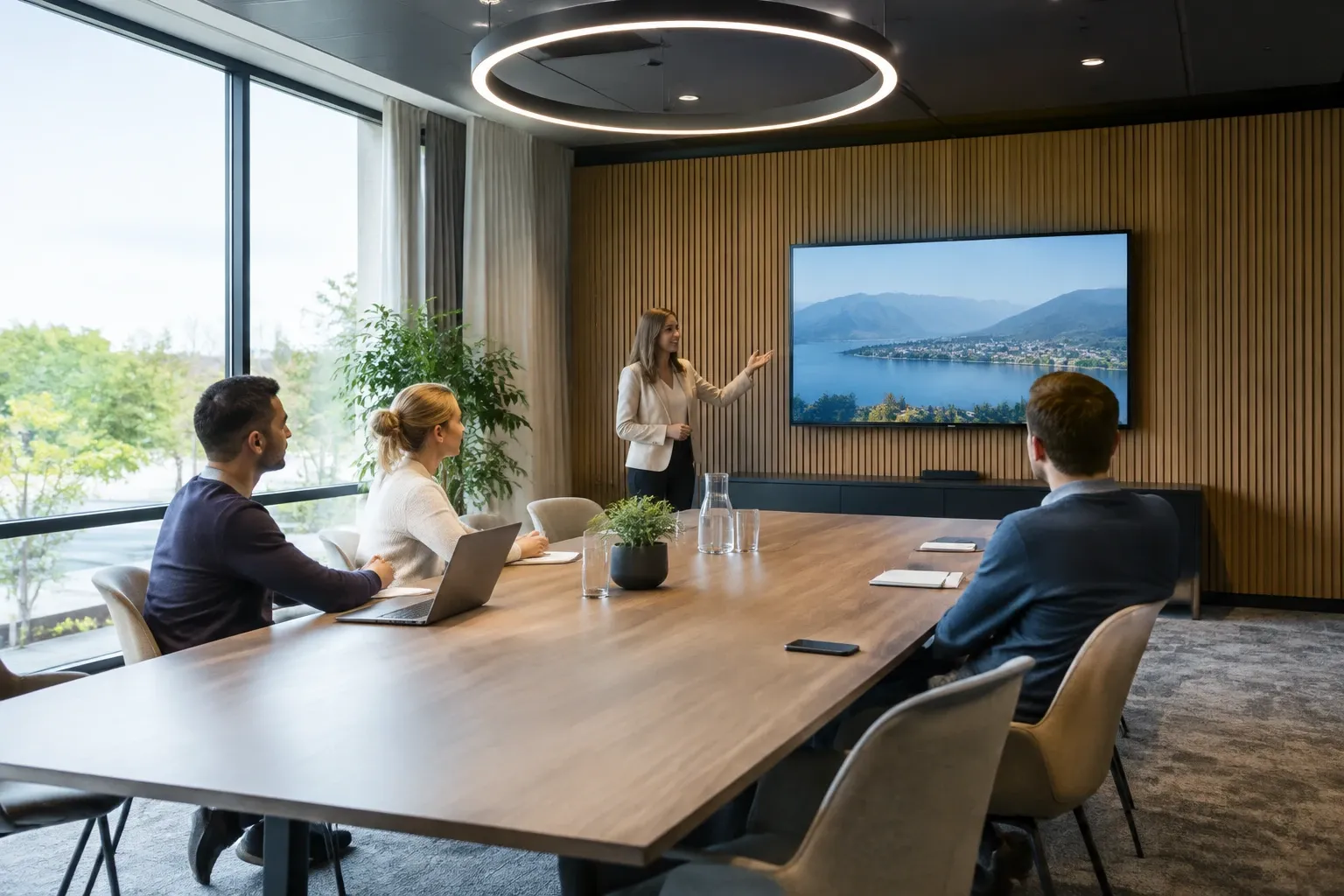 Vergaderzaal met presentatie op scherm, vrouw wijst naar landschapsfoto, drie zitende collega's
